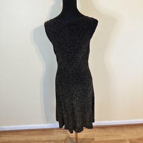 Vtg Womens Black Gold Sparkle Evening Dress Knee Length Large Cowl Neck Slinky - Picture 6 of 8