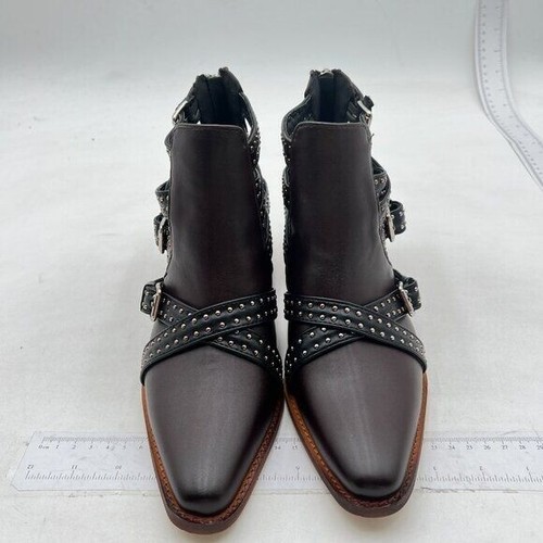 Light Brown Studded Cutout Chunky Heel Ankle Boot Closed Toe Buckle Strap Boot - Picture 2 of 6
