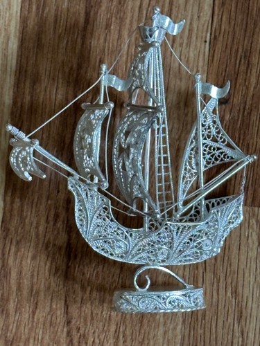 Antique 1920’s Silver PLATED Filigree Sailing Ship Fine Handmade 4" TALL - Picture 5 of 7