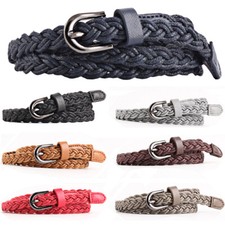 Women Braided Faux Leather Thin Belt Lady Woven Dress Jeans Slim Waistband YN332