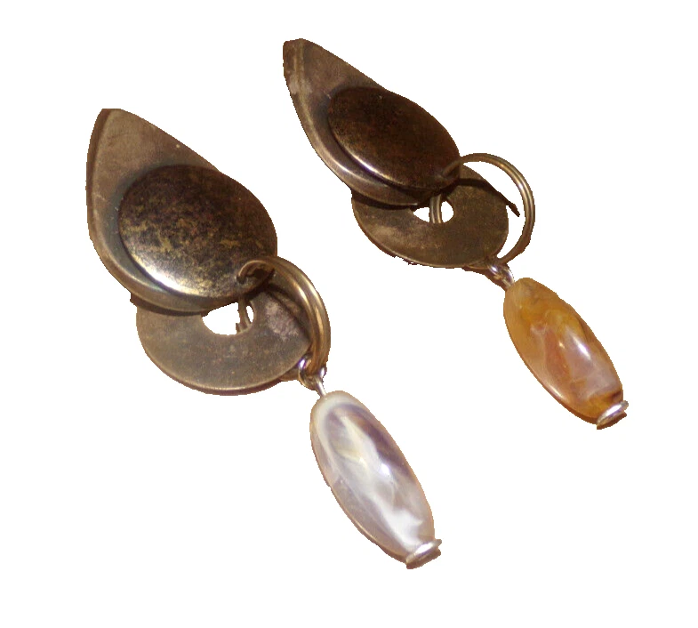 vintage KATE HINES mcm big chunky AGATE bronze CLIP dangle long metal EARRINGS - Image 2 of 4