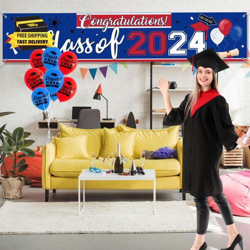 Red and Blue Graduation Banner Class of 2024 Congrats Grad Congratulations Banne - Picture 3 of 6