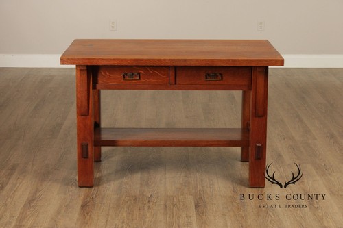 Antique Arts and Crafts Oak Library Table Writing Desk - Picture 12 of 19