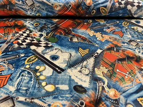 Silky Satin Woven Dress Fabric, Per Metre - Steampunk Tartan Print - Blue & Red - Picture 2 of 3