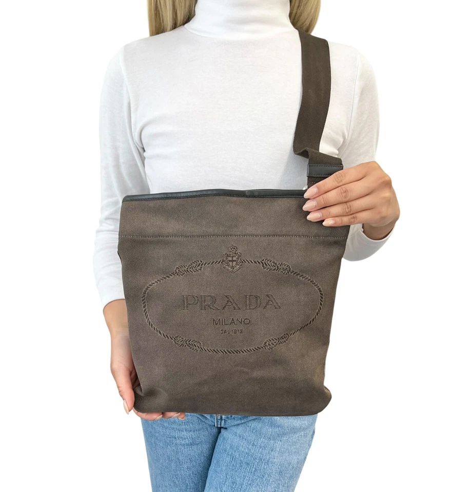 Bolso Bandolera PRADA Vintage Logo Marrón Plata Algodón Cuero Foto 2 de 4