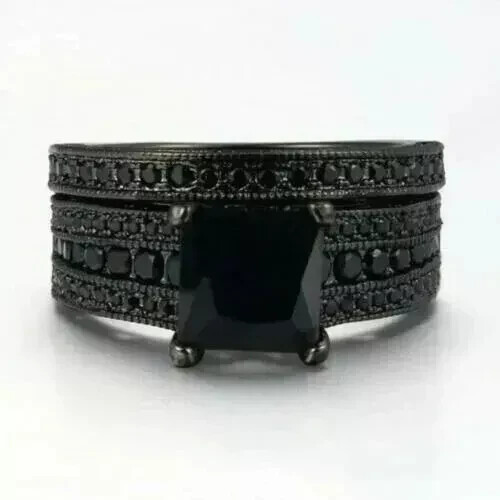 3Ct Princess Cut Lab Created Black Diamond Bridal Set Ring 14K Black Gold Plated - Picture 5 of 5