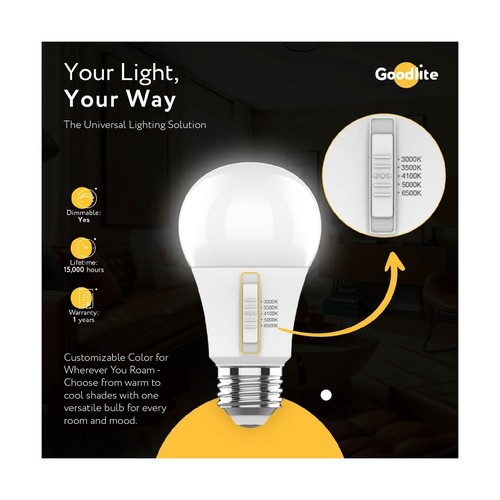 Goodlite A19 LED Bulb, 5 Color Selectable 3000K-3500K-4100K-5000K-6500K, 1100... - Picture 2 of 8