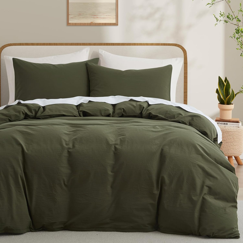 Olive Green Cotton Duvet Cover King Size, Linen like Natural Bedding Set with Zi - Picture 1 of 7