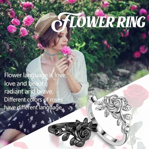 925 Sterling Silver Rose Flower Ring Adjustable Promise Rings Gifts Women Girls - 第 6/8 張圖片