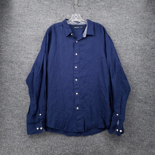 Nautica Button Up Shirt Mens XL Extra Large Blue Linen Long Sleeve Collared