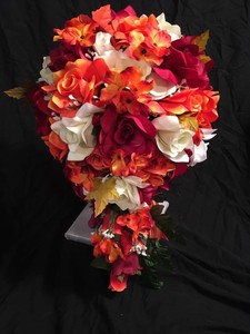 21 Piecepackage Wedding Bridal Bouquet Cascade Burgundy Orange Silk Image Is Loading 21 Piecepackage Wedding Bridal Bouquet Cascade Burgundy Orange