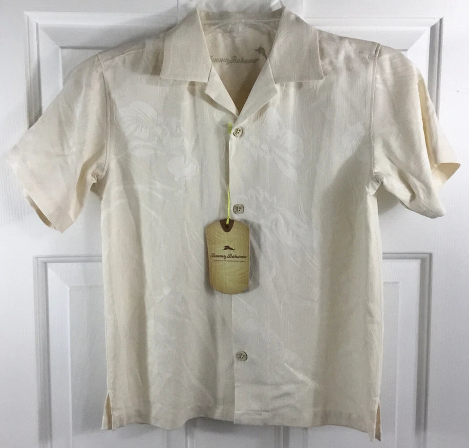Tommy Bahama 夏威夷衬衫男孩 L 6/7 象牙色丝绸纽扣花卉富士海岸 — 第 2/4 张图片