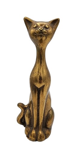 Vintage Solid Brass Long Neck Siamese Cat Statue Sculpture 7.5" MCM Whimsical - Picture 1 of 6