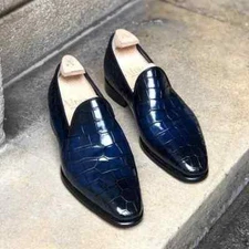 Handmade Mens blue alligators leather moccasins, Men crocodile dress shoes