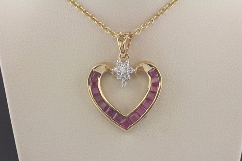 14K Yellow Gold Ruby and 0.08ct Diamond Heart Charm Pendant - Picture 1 of 7
