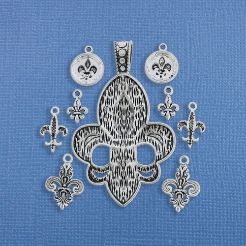 Fleur de Lis Charm Collection Antique Silver Tone 9 Charms - COL215 - Picture 2 of 2