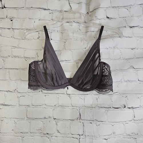 Nwt Adore Me Candice Gray Unlined Plunge Shirred Striped Mesh Scallop Lace Bra