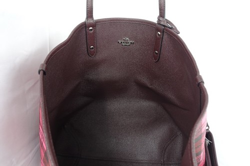 Coach F22249 NEW Reversible Coated Canvas Shadow Plaid Tote Bag Pink Red Brown - Picture 10 of 10