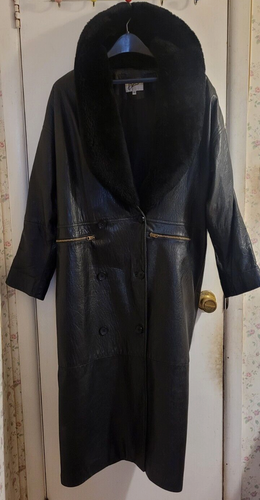 BETTINA Vintage Cuero Negro Largo Gabardina con Borde de Piel; Bolsillo con Cremallera Talla 8 - Imagen 2 de 24