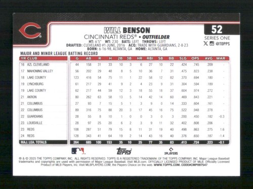 2025 Topps Sandglitter #52 Will Benson Cincinnati Reds 190988 - Picture 2 of 2