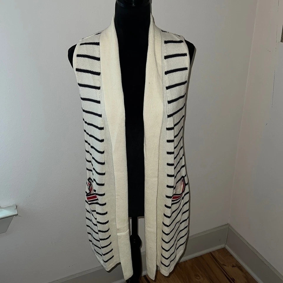 Talbots Long stripe cotton blend vest Sz XS ivory navy blue stripes Sz XS - Image 3 of 4