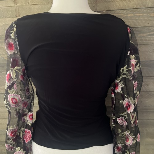 Venus schwarz Surplice Top Bluse groß bestickt transparente Ärmel Blumen Cinched - Bild 10 von 10