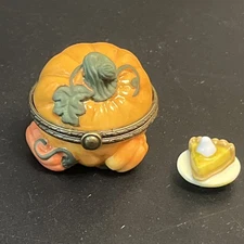 PHB Harvest Fall Pumpkin Metal & Enamel Mini Hinged Trinket Box W/Pie Slice 2"