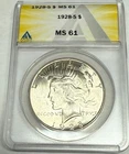 1928-S BU semi-key PEACE silver dollar. Frosty satin white UNC. ANACS MS61. #81
