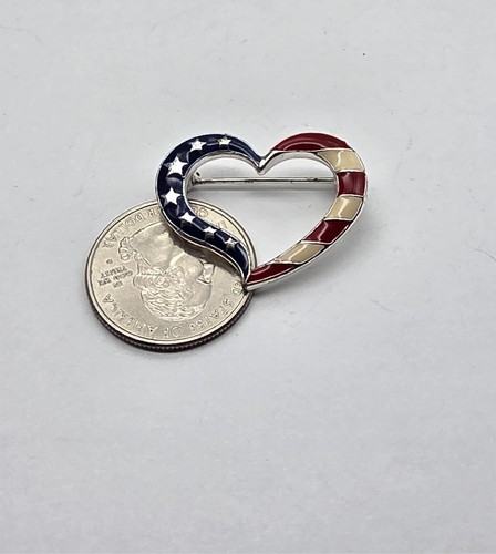 Signed Avon Red White Blue Enamel Silver Tone Patriotic Heart Brooch Vintage - Picture 3 of 4