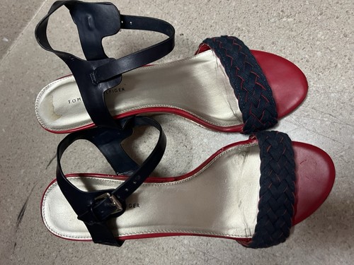 Tommy Hilfiger Women’s Red & Blue Braided Sandal Cork Wedge Sz8 Leather Nice - Picture 3 of 9
