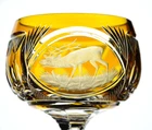 Vintage European Bohemian Amber Cut to Clear Crystal Wine Goblet Deer Stag Elk