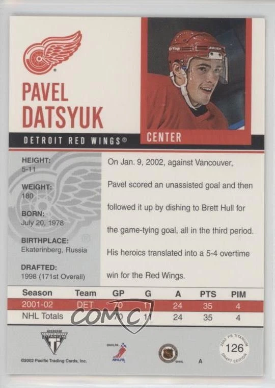 2001 Pacific Private Stock Titanium Draft Edition Pavel Datsyuk Rookie RC HOF - Image 2 of 2