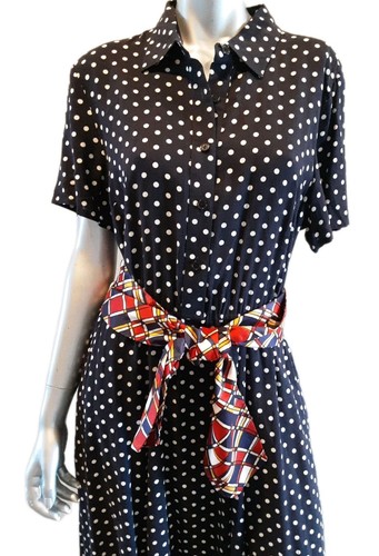 ORVIS-Navy Blue+White Polka Dots-Midi Shirt Dress Full Skirt Classic SS Sz 16 - Picture 4 of 13