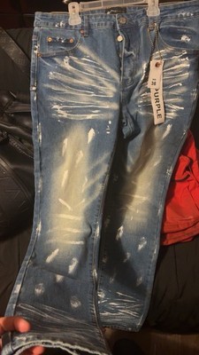 PURPLE Men's Distressed Denim Jeans Straight Slim Fit Blue Gray Embroidered