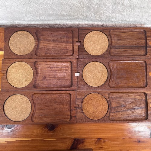 Vintage 70’s-Holz Kork Untersetzer/Snack Tablett 6er Set in Holzständer MCM Dekor - Bild 3 von 11
