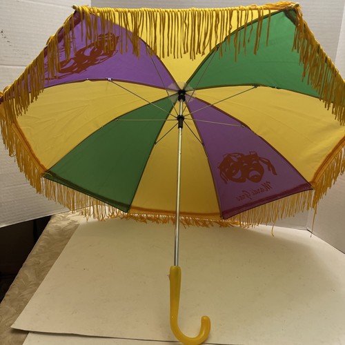 Fringed Mardi Gras Umbrella Multicolored Theater Mask Print - Picture 4 of 5