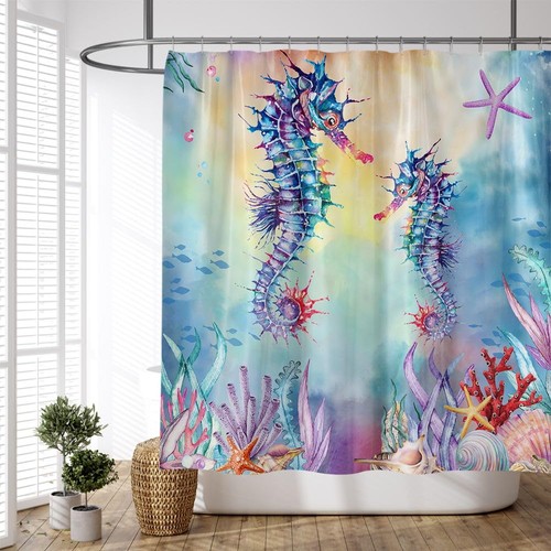Seahorse Shower Curtain Nautical Ocean Beach Theme Watercolor Underwater Star...