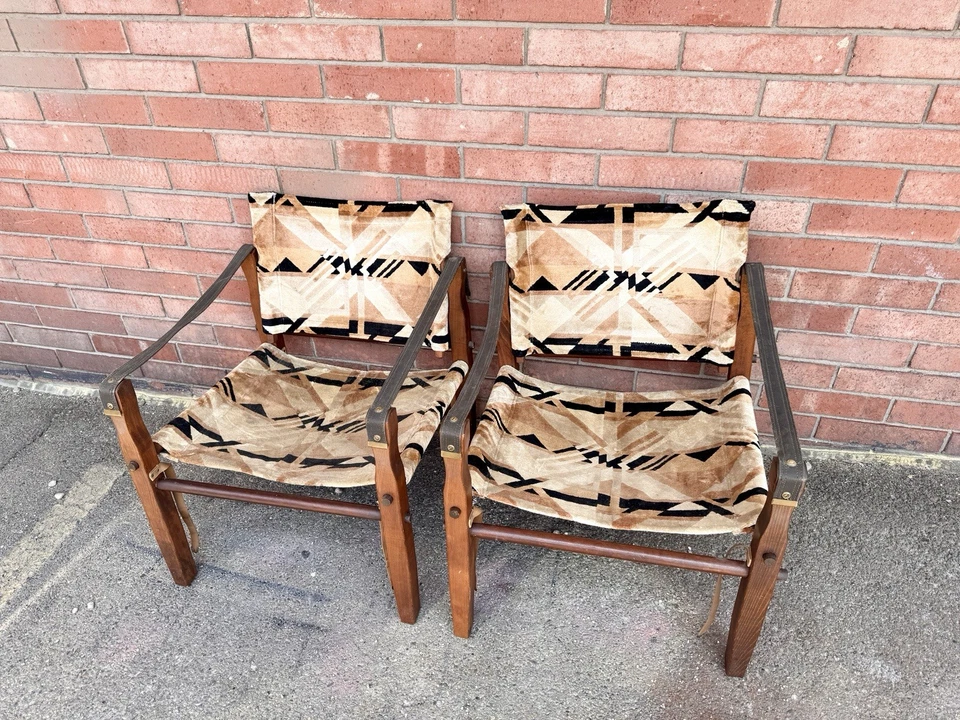 Scarce Pair Of Vintage Gold Medal MCM Safari Low Rider Chairs Arne Norell Sling - Image 3 of 4