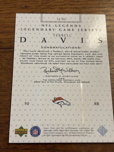 2000 Upper Deck Legends Football Terrell Davis Jersey Card Orange Patch - Picture 2 of 4