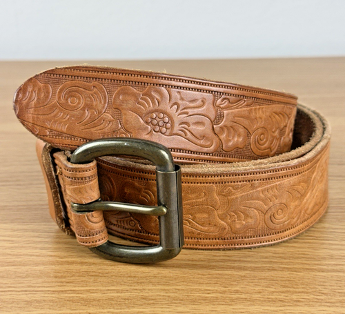 Cintura donna GAP vera pelle grande marrone floreale western boho fibbia verde