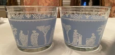 2 Vintage Wedgwood Blue Hellenic Ice Buckets  Jeannette Glass  Greek Roman  