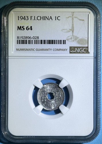 French Indo-China 1943 1 Cent France Vietnam Aluminum Coin 1 Year Issue NGC MS64