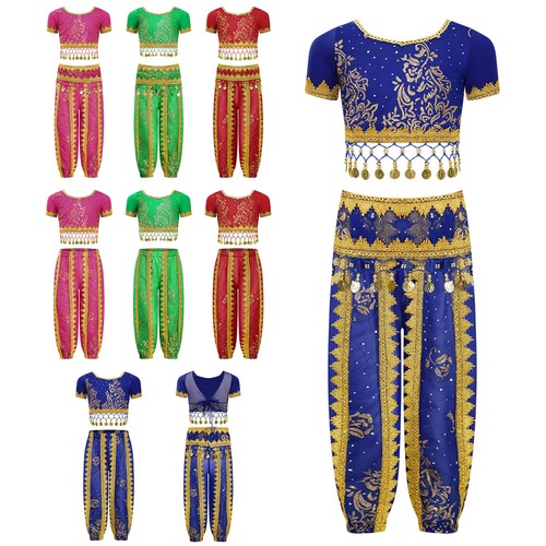 Kids Girls Set Shiny Costume Crop Top Outfit Mesh Hoodie Chain Pants Lace-Up - Picture 2 of 63