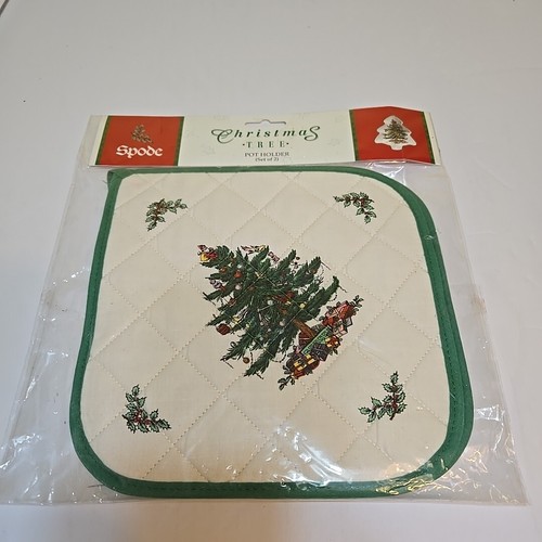 2 NEUE Spode ""Weihnachtsbaum"" Topfhalter Baumwolle Urlaub 8,5" quadratisch grün
