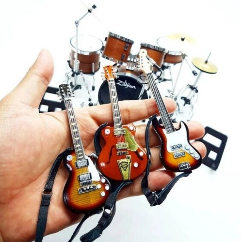 Miniature Drum Set Brown Rock 3 Guitars Strap Mic 1/12 Musical Display Gift - Picture 5 of 5