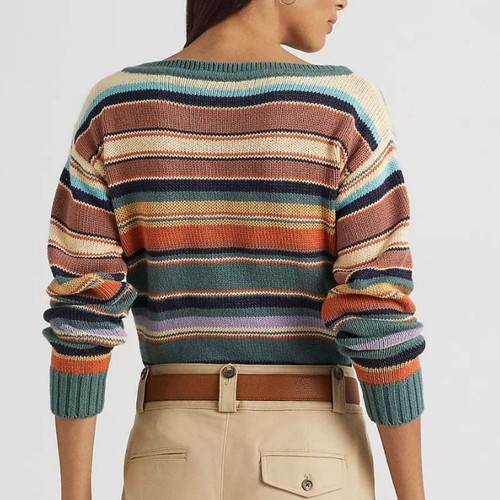 Lauren Ralph Lauren Womens Striped Cotton-Linen Boat neck Sweater Multi color XS - Picture 3 of 8
