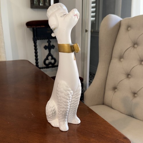 50's MCM Napcoware Porcelain White Poodle Figurine 12." Gold Bows Earrings Japan - Picture 2 of 15