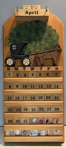 VTG Perpetual Calendar Wooden Hand Painted Carved 3D Amish Horse and Buggy Scene