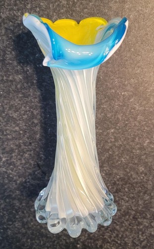 Vintage Soliflore Opaline Blue Yellow Jack in the Pulpit Mid Century Glass Vase - Picture 7 of 11