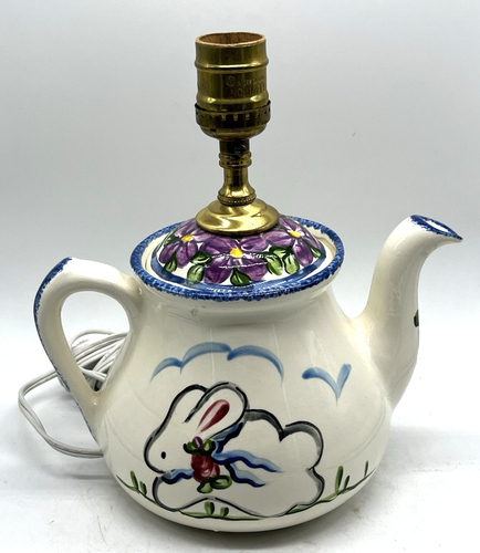 Vtg 1990s Bunny Teapot Lamp Moss Miciotto Pottery Spring Easter Nursery - Picture 6 of 10